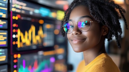 Young fintech professional in front of futuristic ESG display with holographic charts