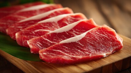 Fototapeta premium Freshly Sliced Wagyu Beef on Wooden Board, Ready for Cooking, Showcasing Rich Marbling and Vibrant Red Color