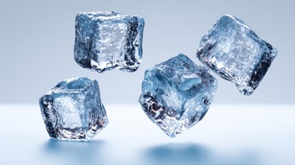 Obraz premium Four clear ice cubes floating and reflecting light against a soft blue background, ideal for beverage and cooling concepts