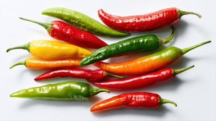 Colorful Fresh Chili Peppers Displayed on White Background, Representing Culinary Spices and Organic Produce