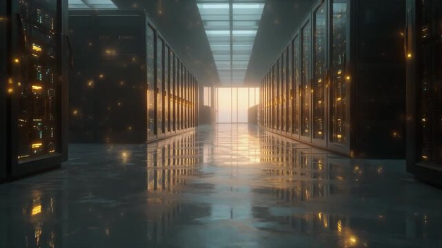 Modern Data Center Server Room with Rows of Cabinets and Bright Lighting.
