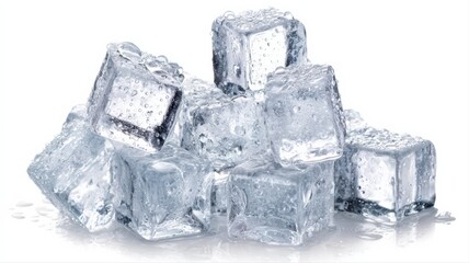 Heap of Refreshing Ice Cubes with Water Droplets on a White Background, Ideal for Summer Drinks