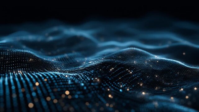 Abstract digital wave pattern with glowing blue particles on dark background.