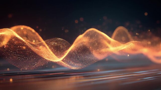 Vibrant orange wave pattern with glowing particles on dark background.