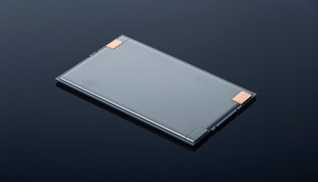 Futuristic silver solid-state pouch cell battery isolated on dark background
