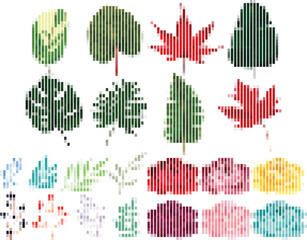 Set of 20 Stylized Pixel Art Leaves Vector Illustration
