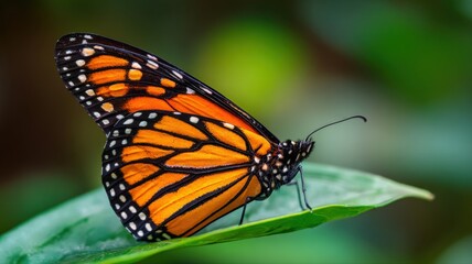 Obraz premium Monarch Butterfly Resting on Green Leaf: Vibrant Orange Wings with Intricate Black and White Markings