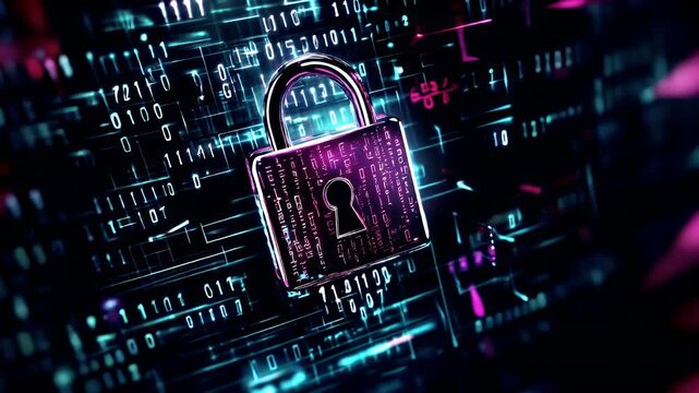 Firewall protection. Internet cyber security. Hightech. Technology. Encryption and decryption. A cyberpunkinspired digital artwork featuring a pink padlock on a digital background with binary code.