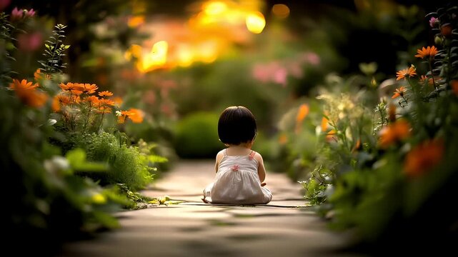 A vivid portrayal of a young child seated on a stone path amidst a lush garden. The child is dressed in a simple white dress with a pink bow.