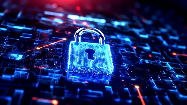 Firewall protection. Internet cyber security. Hightech. Technology. Encryption and decryption. A closeup shot of a padlock on a digital circuit board.