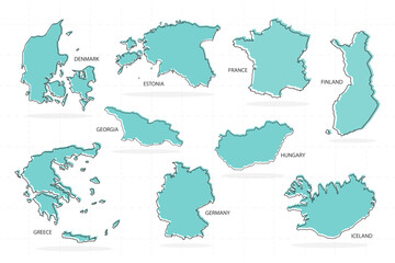 set of line country and shadow in Europe includes denmark, estonia, france, finland, georgia, hungary, greece, germany, and iceland.