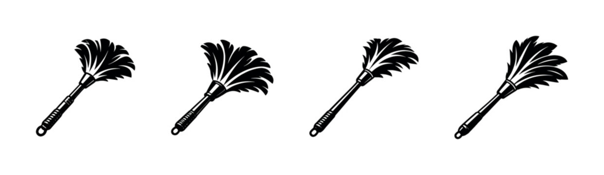Cleaning tools vector icons set: feather duster symbols, dust brushes collection
