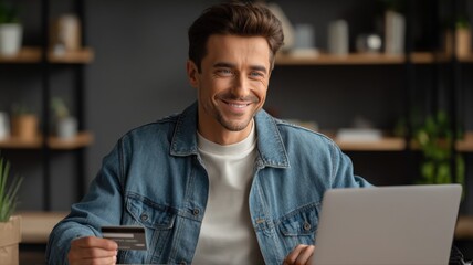 Smiling Man Holds Credit Card While Using Laptop for Online Shopping, E-commerce, and Financial Transactions