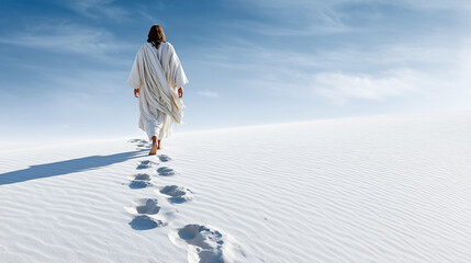 Jesus walking through a desert landscape with endless sand dunes and a bright blue sky. Biblical religious scenes, illustrations. Christian faith in God.