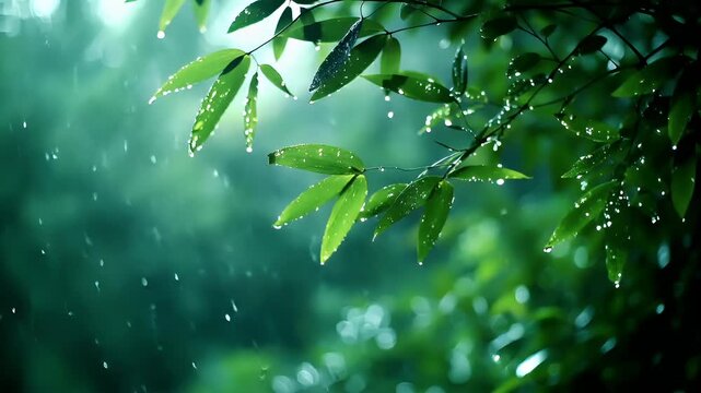 green leaves with dewdrops on them.