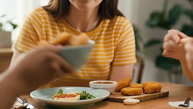 Chicken nugget dipped into sauce in white bowl, close up crispy snack moment on kitchen table, fast food eating, comfort food, restaurant, food delivery