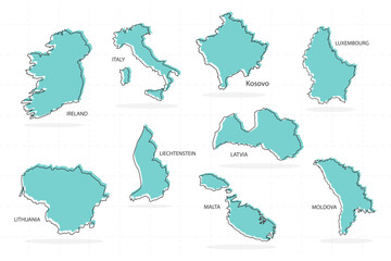 set of line country and shadow in Europe includes ireland, italy, kosovo, luxembourg, latvia, liechtenstein, lithuania, malta, and moldova.