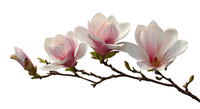 Close-up of delicate pink and white blossoms on a bare branch against a solid black background
