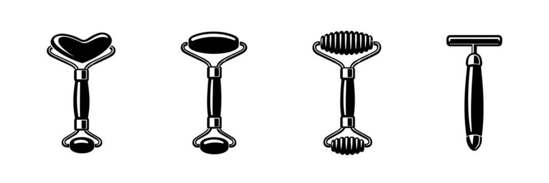 Facial massage tools vector icons set with rollers and gua sha symbols for wellness