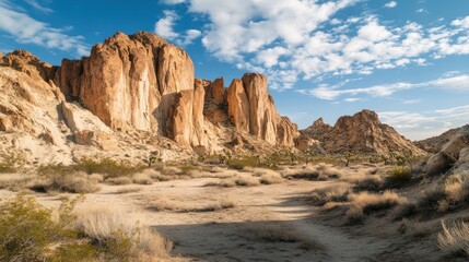 Fototapeta premium Mojave Desert Majesty: Golden Hour Light Illuminates Towering Rock Formations