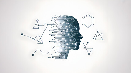 Digital Mind" Silhouette of a Head with Circuitry and Geometric Shapes, Representing Artificial Intelligence and Data Processing