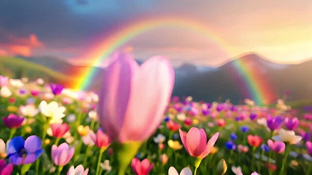 A vivid, colorful meadow with a rainbow arching over a mountainous backdrop. The meadow is lush with a variety of flowers, including tulips, daisies, and other blooms, all in hues of pink, purple.