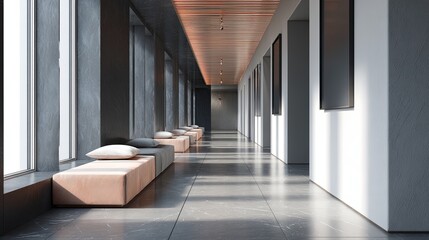 Modern Art Gallery Hallway with Benches  Natural Light with Long Perspective.