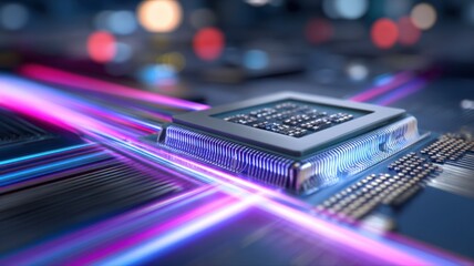 Advanced Microchip Technology with Abstract Light Trails Depicting Data Flow and Processing Power