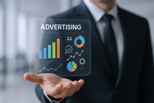 Advertising professional presenting data analysis using a futuristic interface for digital marketing strategies and investment - Powered by Adobe