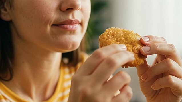 Happy young woman smiling and holding chicken nugget near face in cozy home interior, enjoying comfort food, casual lifestyle, fast food, food brand, home dinner