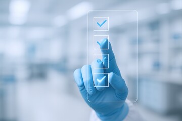 Digital Checklist Interface with Medical Professional Touching Screen for Approval and Verification in Healthcare Setting