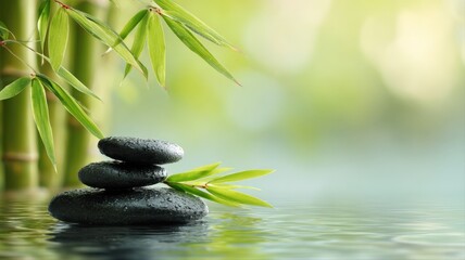 Zen Composition with Bamboo and Stones in Water, Symbolizing Tranquility and Natural Harmony