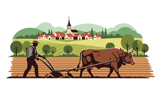 Farmer plowing field with oxen in rural village landscape