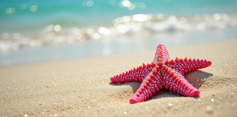 Pink starfish on Second Beach sand, tide pools visible , invertebrates, water