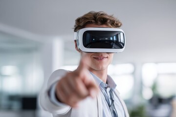 Young man wearing virtual reality headset smiling and pointing forward, experiencing immersive VR training simulation in modern office environment, professional learning and technology excitement