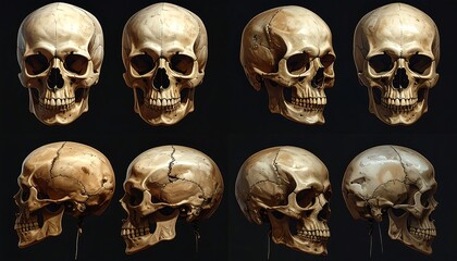 Anatomical Study - Eight Skulls in Various Perspectives.