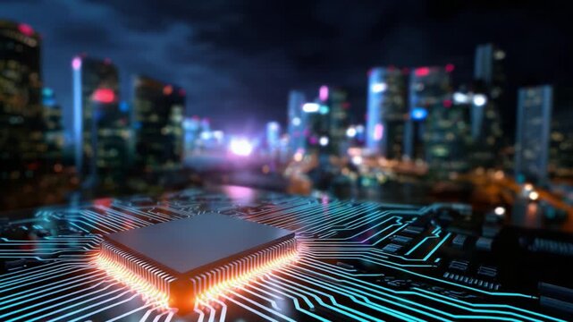 This captivating image juxtaposes technology and urban nightlife, showcasing a close-up of a circuit board with a glowing microchip, set against a vibrant city skyline illuminated by colorful lights