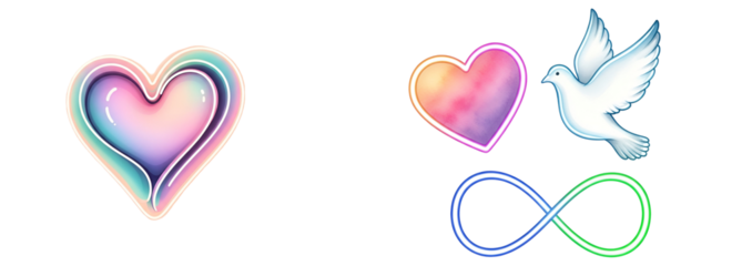 A colorful illustration of hearts, a dove, and an infinity symbol on transparent background