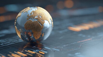 Global Economy Concept: Metallic Globe Over Financial Data Visualizations Representing Worldwide Markets and Investment Trends