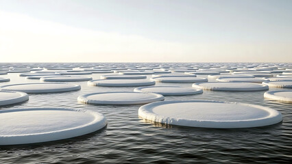 Floating circular white platforms on rippling dark water under a pale blue sky with soft sunlight reflection