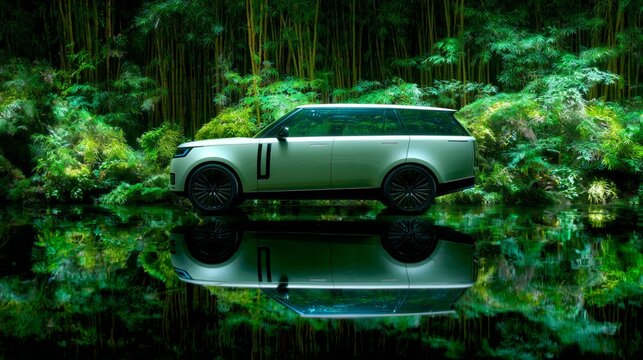 Range rover suv standing in water with reflections of green bamboo forest background