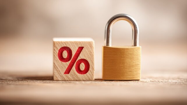 Fixed Interest Rate Concept: Padlock and Percentage Sign on Wooden Block Illustrating Secure Finance