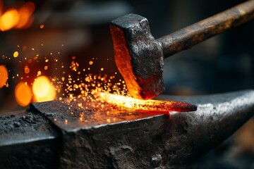 Red hot metal being forged on an anvil by a blacksmith hammer with glowing orange sparks flying in a traditional dark forge workshop