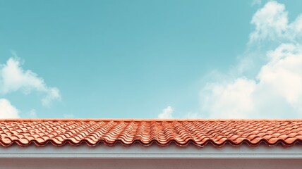 Fototapeta premium Terracotta Roof Shingles Against a Clear Blue Sky with Clouds, Real Estate and Construction Concept