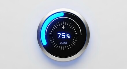 Charging indicator showing 75 percent charged on a sleek circular display with neon blue accents