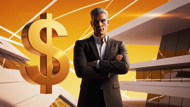 Businessman in modern building with dollar sign