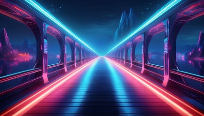 futuristic bridge with neon lights and a dark mysterious atmosphere