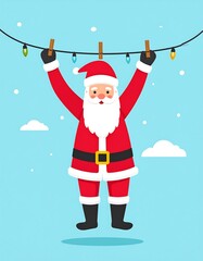 Santa Claus Hanging Christmas Lights - Festive Holiday Season Illustration.