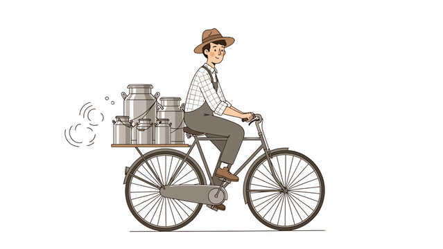 Vintage milkman riding bicycle with metal milk cans delivery