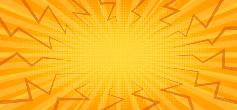 Horizontal comic book style background with sunburst radial gradient overlaid with dynamic, jagged lightning bolt shapes and a subtle halftone dot pattern
